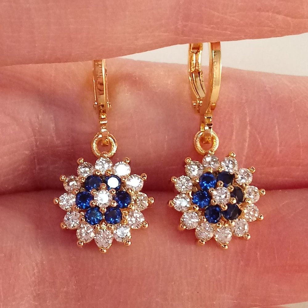 18K Yellow Gold Filled Flower Navy Blue Diamond Zircon Dangle Earrings Gorgeous - Picture 3 of 4